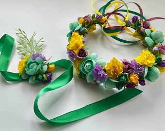 Mardi Gras flower crown Mardi Gras headpiece Set headpiece and corsage Purple green flower headband Festive flower set FAST SHIPPING