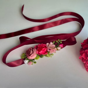 Magenta Flower Belt: Burgundy Satin Sash, Fuchsia Wedding