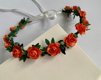 Flower crown Boho Flower girl hair piece Floral halo headpiece Burnt orange headband Hair wreath Flower head crown
