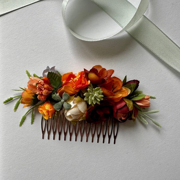 Terracotta orange hair comb Fall flower comb Rust orange hair clip Flower girl floral hair comb Burgundy orange hair accessory Autumn decor