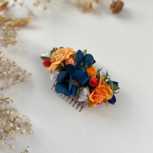Burnt Orange Floral Hair Comb: Navy Blue Autumn Wedding Hairpiece