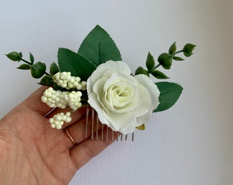 Eucalyptus rose hair comb for wedding Flower hair pin for bride Off white rose for women