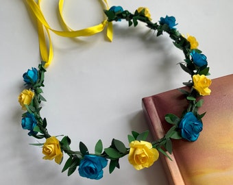 Ukrainian crown flower Ukrainian wedding hair accessory Yellow blue crown Flower girls Ukrainian colors headpiece Summer headband