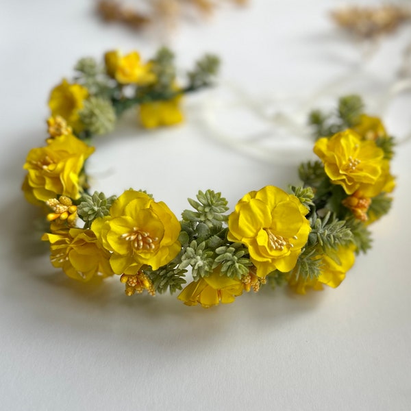 Sage green and yellow wedding crown Succulent headband Sage green flower crown Flower girl Yellow sage green headpiece Succulent hair piece