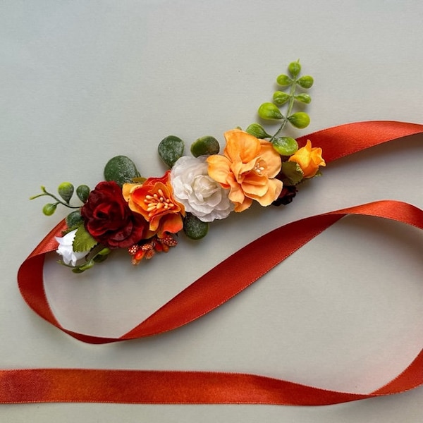 Thin satin belt Fall flower belt Burnt orange burgundy wedding sash Rust Flower girl dress Floral belt gown Peach flower sash belt