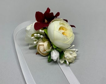 Wrist corsage flower ivory burgundy Bridal wrist bouquet Flower girl corsage Mother of the bride corsage Bridesmaid corsage bracelet