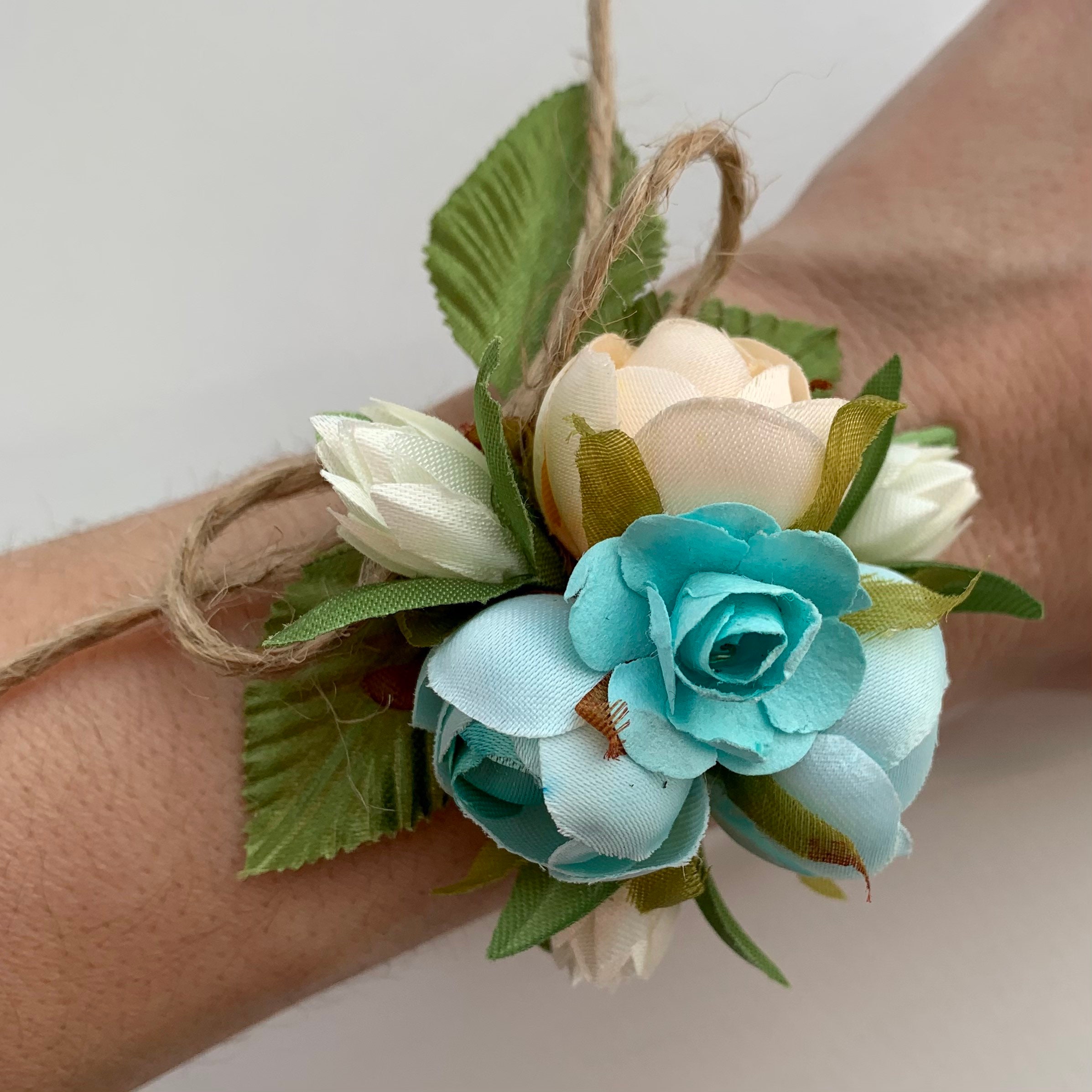 Flower corsage Cream and teal wrist bouquets Floral corsage Etsy
