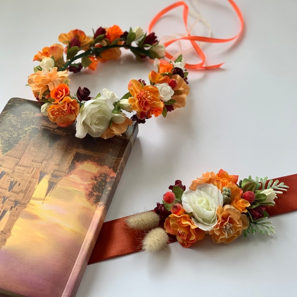 Burnt orange burgundy wedding sash Rust Flower girl dress Floral belt for gown Ivory flower sash belt Fall set flower crown headband belt