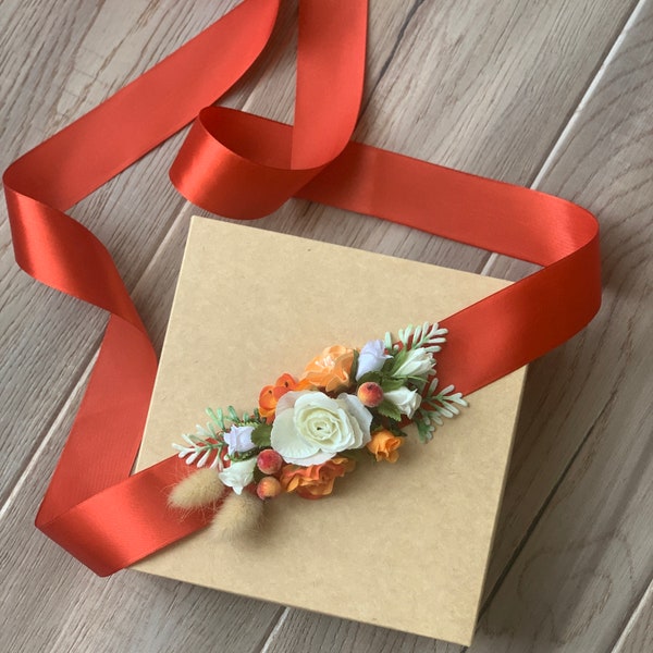 Burnt orange white wedding sash Rust Flower girl dress Floral belt for gown Ivory flower sash belt Fall set flower crown headband belt