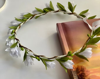 First Communion Flower Crown: White Tulip Headband, Bridal Floral Wreath