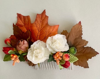 Terracotta hair comb Fall hair comb Burnt orange bridal hair piece Autumn flower hair comb Floral hairpiece Rust flowers hair pieces set