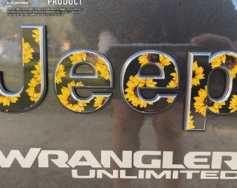 Sunflower Jeep Emblem Sticker Decal, Wrangler JK, TJ, JL, Gladiator, Renegade, Cherokee, Grand Cherokee, Compass, Liberty, Patriot