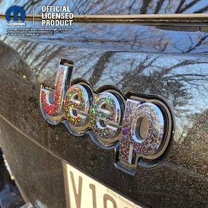 Holographic Sequins Jeep Emblem Sticker Decal, Wrangler JK, TJ, JL, Gladiator, Renegade, Cherokee, Grand Cherokee, Compass, Liberty, Patriot