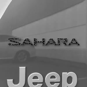 May include: Close-up of a gray vehicle with the word "Sahara" in leopard print lettering above the word "Jeep" in silver block letters. The vehicle's body is a solid gray color.