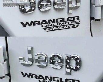 May include: A white Jeep Wrangler Unlimited Sport with black lettering and a silver Jeep logo featuring an American flag design. The Jeep logo is on the rear of the vehicle.