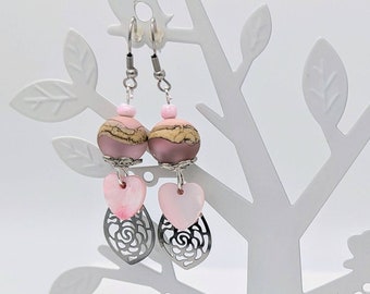 Dangling earrings in glass, crystal and stainless steel beads, silver metal charms