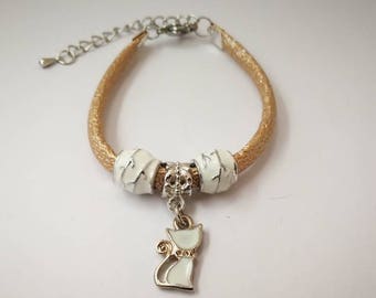 Girls' bracelet, beige and white artificial leather cord, with little cat ref 930