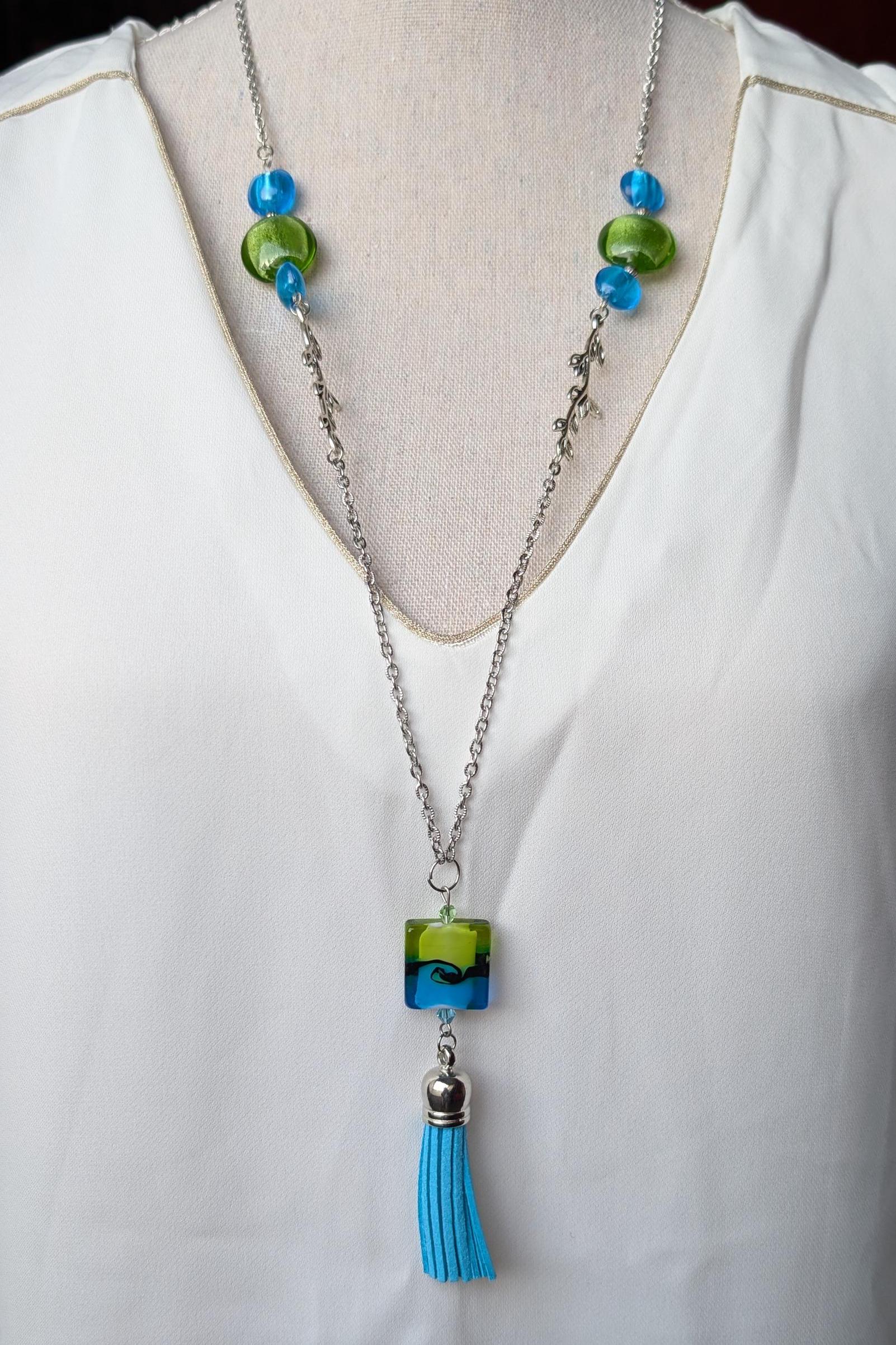 Sautoir Long Perles Bleues Murano Vintage - Pâte De Verre Artisanale, Fermoir Plaqué Or, Neuf Sans Emballage