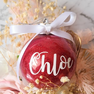 Personalised Christmas Name Bauble with Glitter and Bow, Choose your own colours, Keepsakes for Christmas