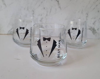 Personalised groomsmen tuxedo stemless drinking wineglass for wedding favour gifts