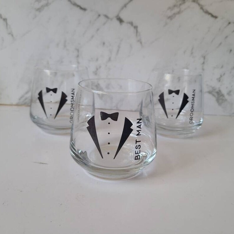 Personalised groomsmen tuxedo stemless drinking wineglass for wedding favour gifts image 2