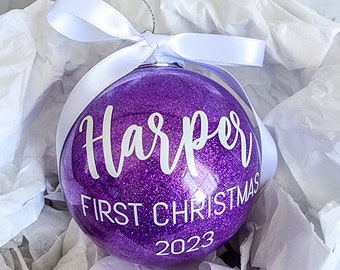 Personalised Babys First xmas Bauble | Tree ornament with glitter and bow 80mm