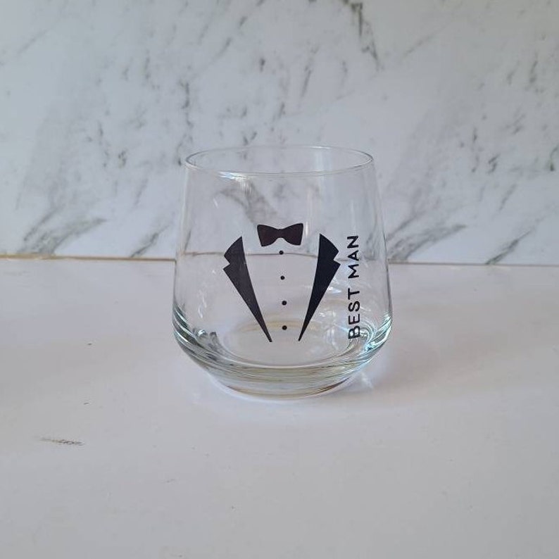 Personalised groomsmen tuxedo stemless drinking wineglass for wedding favour gifts image 3