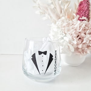 Personalised Groomsmen tuxedo stemless whiskey glass for wedding favour, Bridal Party Gifts