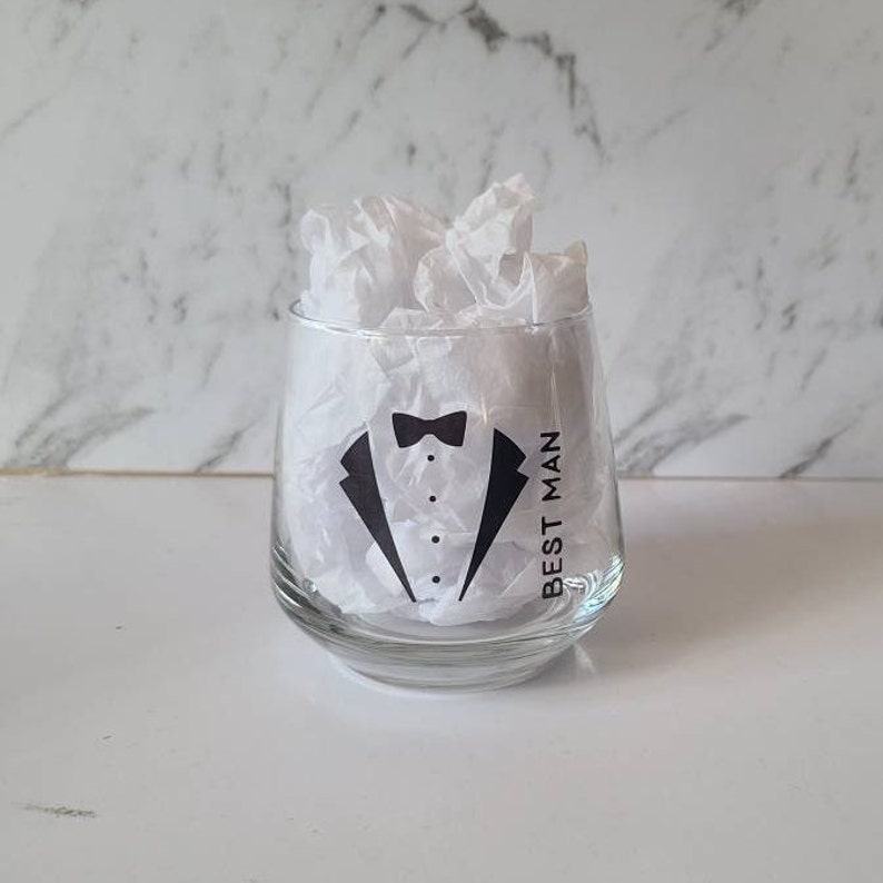 Personalised groomsmen tuxedo stemless drinking wineglass for wedding favour gifts image 1