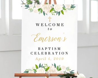 Signe de baptême de bienvenue, signe de baptême personnalisé, affiche de baptême floral, baptême personnalisé, signe de décorations de baptême