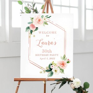 Decoraciones de la fiesta del cumpleaños 30, Signo de fiesta de cumpleaños de bienvenida, Signo de bienvenida de cumpleaños, Decoraciones de cumpleaños de oro rosa, Signo de cumpleaños de bienvenida