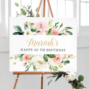 60th Birthday Party Decorations, Birthday Welcome Sign, Happy Birthday Party Sign, Floral Birthday Decorations Sign, Birthday Sign Printable