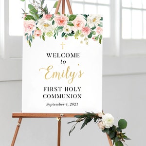 First Communion Sign Decor, Floral Communion Party Decorations, Holy Communion Decorations Printable
