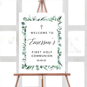 First Holy communion digital Communion Poster, First communion decorations, Greenery Communion welcome sign