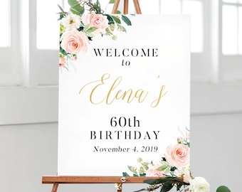 Birthday Sign Printable, 60th Birthday for Her Decorations, Custom Birthday Welcome Sign, Floral Birthday Decorations, 50 Birthday Party