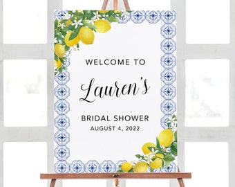 Ducha nupcial Signo de bienvenida Limonada, Azulejos azules Limón, Ducha nupcial Decoraciones de limón imprimibles, Lemon Party Shower Decoraciones