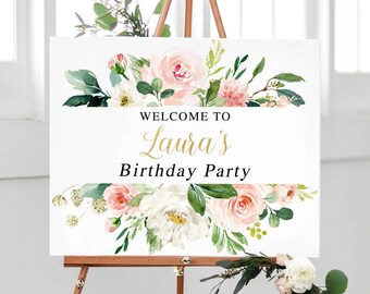 Birthday Party Sign, Floral Birthday Welcome Sign, Welcome Birthday Party Decorations, Floral Birthday Decorations Sign