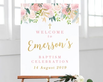 Baptism Welcome Sign Printable, Floral Welcome Baptism Sign Printable, Girl Baptism Sign, Welcome Christening Sign