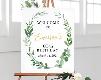 Birthday Welcome Sign Printable, Greenery Birthday Decorations, Birthday Party Decorations, Welcome Birthday Sign