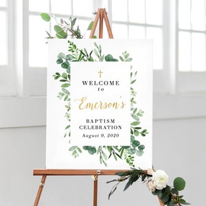 Welcome Baptism Sign, Baptism Printable Decorations, Custom Baptism Welcome Sign, Baptism Party Decor, Greenery Baptism Decor image 1