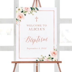 Baptism Party Decorations Sign, Rose Gold Welcome Baptism Printable Sign, Christening Decorations Sign, Floral Baptism Sign Printable