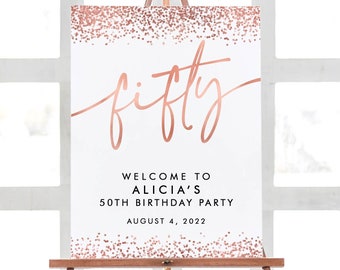 Cartel de bienvenida de cumpleaños, decoraciones de fiesta de cumpleaños número 50, decoraciones de cumpleaños de fiesta de aniversario, signo de cumpleaños de oro rosa imprimible