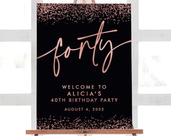 Letrero de bienvenida de cumpleaños, decoraciones de cumpleaños 40 imprimibles, decoración de fiesta de oro rosa de 40 cumpleaños