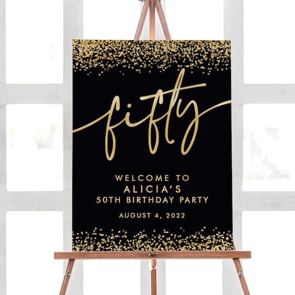 Birthday Welcome Sign, 50th Birthday Party Decorations, Anniversary Party Birthday Decorations, Gold Confetti Party Birthday Sign Printable