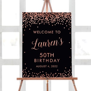 50 Birthday Party Sign, 50th Birthday Party Decorations, Confetti Rose Gold Birthday Decorations, Welcome Birthday Poster