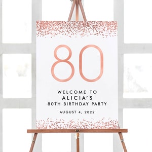 80th Birthday Decorations, Welcome Birthday Party Sign, 80 Birthday Welcome Sign Rose Gold Birthday Confetti Party