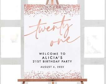 Decoraciones para el 21 cumpleaños, Letrero de bienvenida para fiesta de cumpleaños, Veintiún cumpleaños, Decoraciones de fiesta oro rosa, Decoraciones imprimibles para el 21 cumpleaños