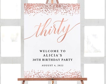 Welcome Birthday Party Sign, Rose Gold Party Decorations, Thirty Birthday Decorations Printable, 30th Birthday Decorations