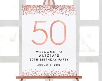 Cartel de bienvenida del 50 cumpleaños, decoraciones de la fiesta del 50 cumpleaños, signo de fiesta de cumpleaños 50, decoraciones de cumpleaños de oro rosa, póster de cumpleaños de bienvenida