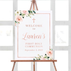 Communion Party Decorations, Floral Communion Sign, Rose Gold First Communion GIRL, Communion Sign Printable, Holy Communion Sign